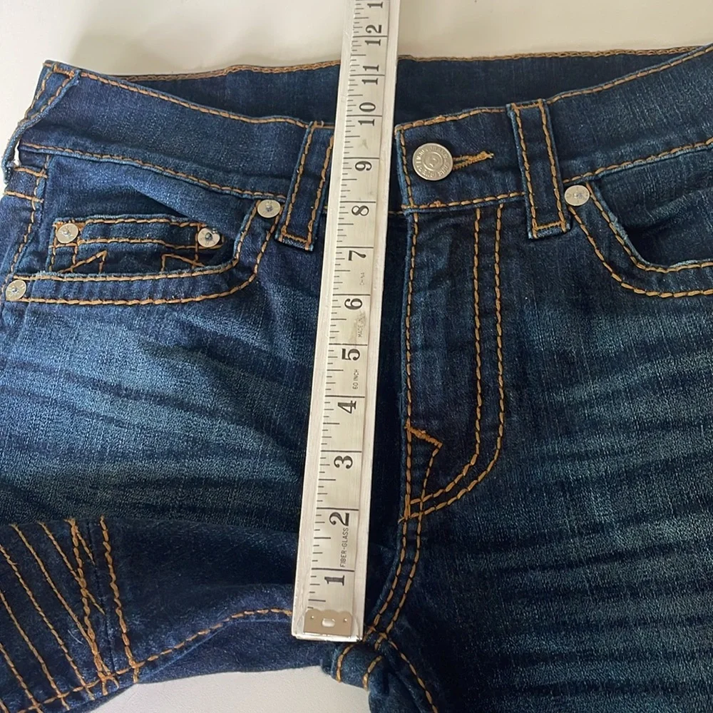 True Religion Ferd  Moto Skinny Jeans Red Orange Big T Dark Wash Size 32